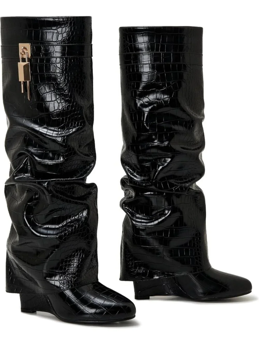 Women's Black Crocodile Pointed Toe Wedge Heel Side Zipper Knee High Shark Boots